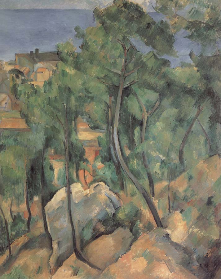 Paul Cezanne Boulders,Pine trees and sea at l-estaque